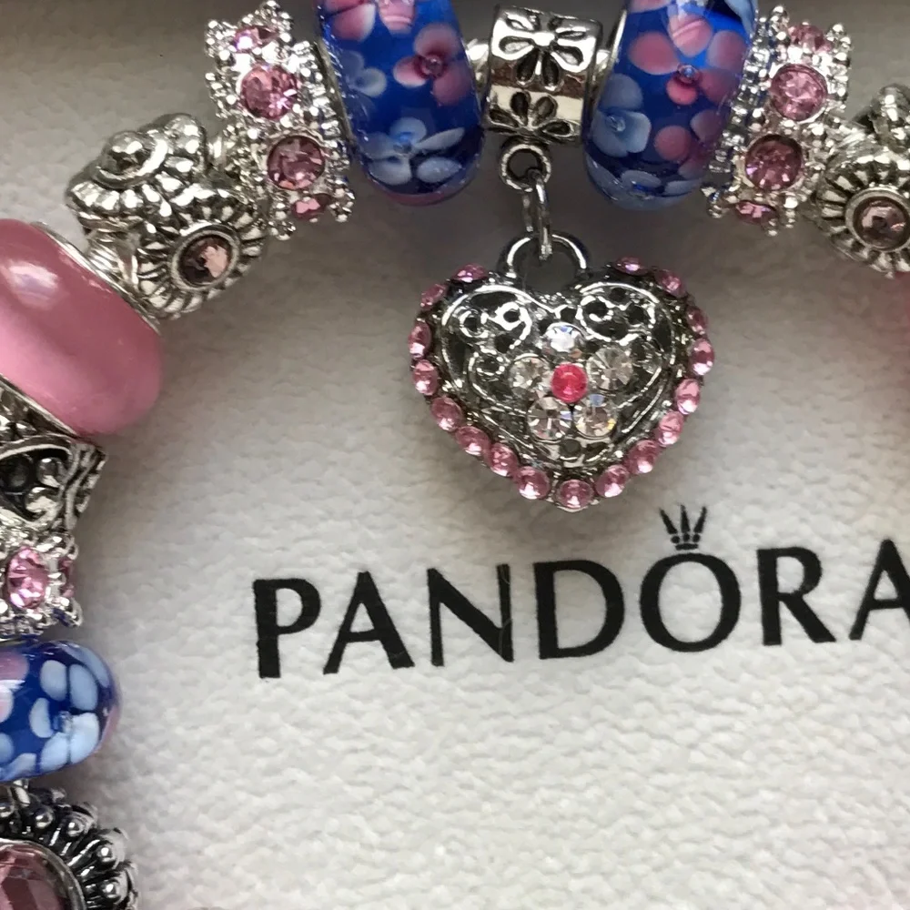 Authentic PANDORA Heart Clasp S925 Silver Bracelet with Murano Glass Beads 7.9" - Picture 8 of 16